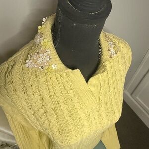 La Fuori Cable Knit Sweater Embellished Collar Yellow Size M NWT